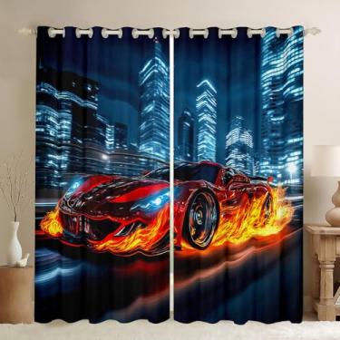Imagem de Feelyou Cortinas de carro de corrida (2 painéis, 42 x 84 polegadas) crianças velocidade esportes esportes escurecimento sonhos para meninos meninas adolescentes corrida carro cortina blackout esportes