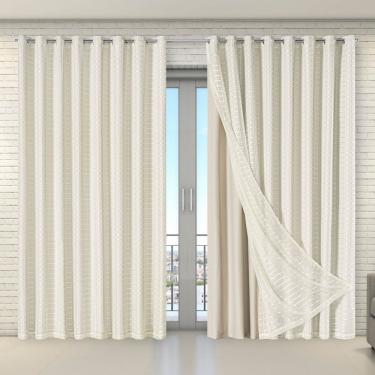 Imagem de Cortina Tecido Blecaute Com Voil Xadrez 5,60 M X 2,70 M 100% Poliéster - Bege