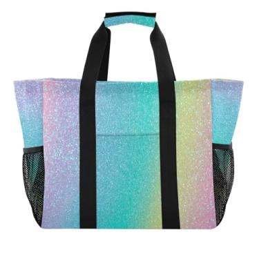 Imagem de ODAWA Bolsa reutilizável dobrável para viagem, organizador de academia, bolsa de praia dobrável, gradiente arco-íris iridescente