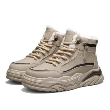 Imagem de Jueshanzj Botas de neve masculinas, sapatos de inverno com forro de fuzz, botas quentes de cano alto para caminhada, tênis no tornozelo, Cáqui, 44 EU