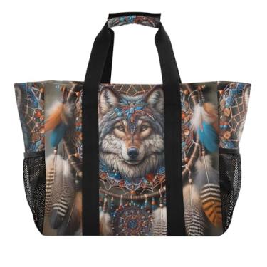 Imagem de ODAWA Bolsa feminina estilo boho com apanhador de sonhos de lobo, bolsa de praia dobrável à prova d'água com alças abertas, Apanhador de sonhos de lobo estilo boho, One Size