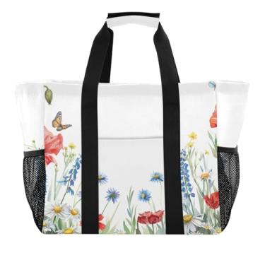 Imagem de ODAWA Bolsa de compras dobrável portátil de flores silvestres e borboletas para esportes, bolsa de verão com bolsos para viagens, Borboletas de flores silvestres em aquarela, One Size