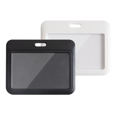 Imagem de Lanyardio Pacote com 2 porta-crachás de identificação, porta-cartão de identificação preto e branco, porta-cartões de plástico deslizante horizontal para escritório, escola, fábrica, professores e
