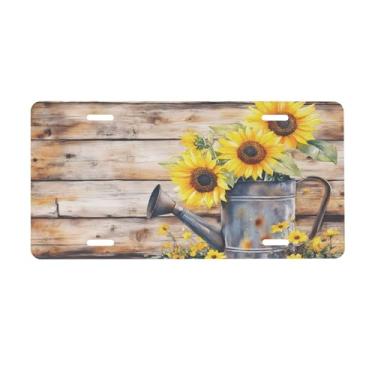 Imagem de Placa de licença amarela de madeira de girassol para placas de carro dianteiras de alumínio metal adequado para caminhão placa de porta de carro bar café acessórios automotivos para homens mulheres 15