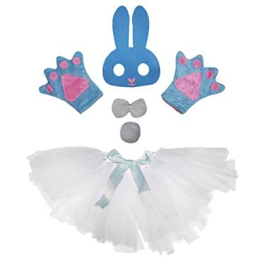 Imagem de Petitebella Máscara de coelho com laço e cauda de tutu 5 peças fantasia 1-5 anos (azul claro, tamanho único)