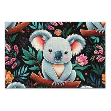 Imagem de Quebra-cabeça adulto 500 peças presentes para elefante branco jogo divertido família quebra-cabeça animal floral arte fofa coalas flores coloridas folhas, 51 x 35 centímetros
