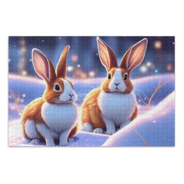 Imagem de Quebra-cabeças para adultos 500 peças coelhinhos fofos neve noite de inverno divertido brinquedo adulto decoração de arte animal, 50 x 35 centímetros