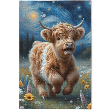 Imagem de Quebra-cabeça de vaca Highland com flores de bezerro para adultos 500 peças de arte exclusiva elefante branco personalizado, 52 cm x 37,8 cm
