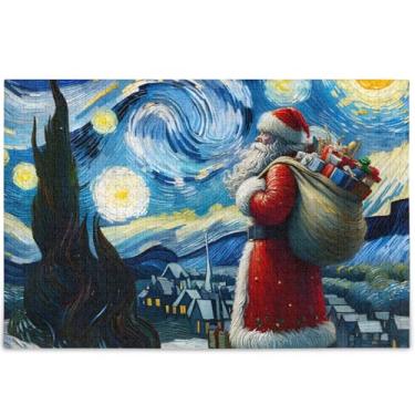 Imagem de Quebra-cabeça de Natal Noite Estrelada Papai Noel 500 Peças Jogo Adulto Engraçado Exclusivo Quebra-cabeça Presentes Personalizados Brinquedo Artwork, 52 cm x 37,8 cm
