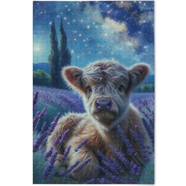 Imagem de Quebra-cabeça floral personalizado de vaca Highland lavanda para adultos 1000 peças de arte de jogo de brinquedo exclusivo colorido quebra-cabeça amigos família presentes, 75 cm x 50 cm