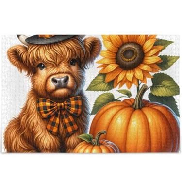 Imagem de Quebra-cabeça Halloween Highland vaca bezerro abóbora 500 peças jogo adulto engraçado personalizado exclusivo colorido jogo de brinquedo de arte, 52 cm x 37,8 cm