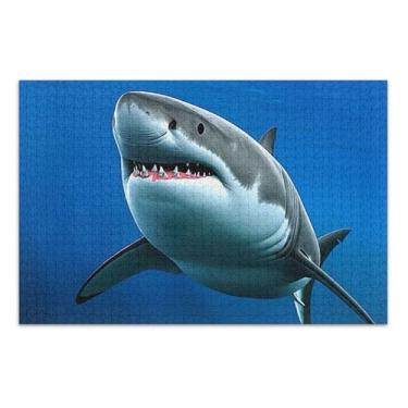 Imagem de Quebra-cabeça adulto tubarão branco azul oceano 500 peças presentes elefante branco engraçado cena de outono decoração de arte animal, 50 x 37 centímetros