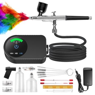 Imagem de KingMiKi Kit de aerógrafo com compressor de ar, escova de ar de alta pressão 22/30/50 PSI sem entupimento com bocal/conjuntos de limpeza de 0,2/0,3/0,5 mm, ideal para pintura, modelagem, decoração de
