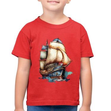 Imagem de Camiseta Algodão Infantil Navio Vintage - Foca na Moda, Vermelho, 2