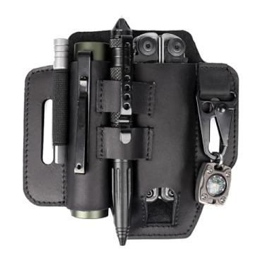 Imagem de Topstache Bainha multiferramenta para cinto – Organizador de cinto EDC – Coldre multiferramentas de couro com suporte para lanterna, suporte de caneta com faixa elástica e clipe para chaveiro –