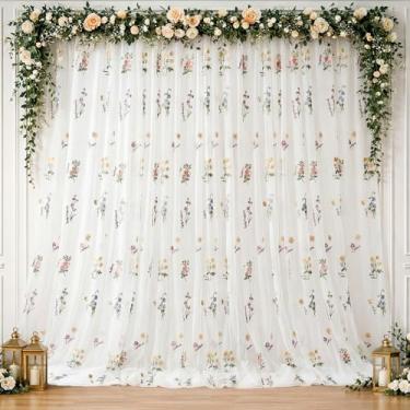Imagem de Tegeme Cortinas de fundo transparente bordadas de flores silvestres de 3 x 3 m, primavera natureza, ervas botânicas, decoração vintage para casamento, chá de bebê, festa de aniversário, sessão de