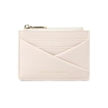 Imagem de Carteiras femininas de couro brancas pequenas e minimalistas com bloqueio de RFID com zíper com moeda de grande capacidade, 2 cartões de crédito