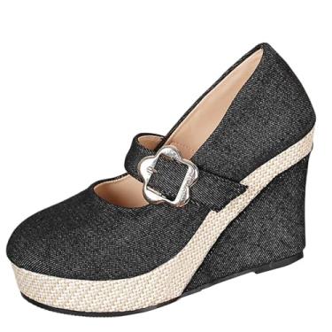 Imagem de Moda feminina plus size item de verão plus size cor sólida fivela tira salto alto impermeável casual boca rasa salto inclinado sapatos para outono e inverno, Preto, 35