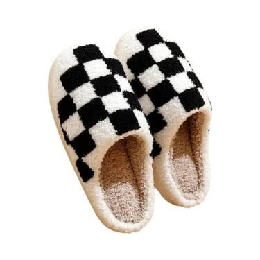 Imagem de Chinelos De Inverno Femininos Fofos E Confortáveis Com Bordado Em Xadr
