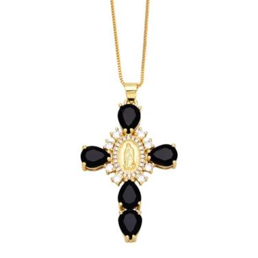 Imagem de Colar de cruz de zircão luxuoso com pingente de oração retrô estilo europeu crucifixo de cristal crucifixo (preto)