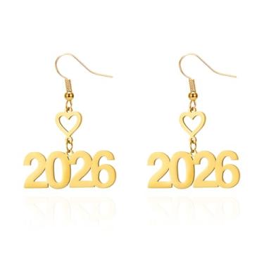 Imagem de Brincos femininos pendentes de feliz ano novo de 2026 em aço inoxidável banhado a ouro delicado número pendurado brinco minimalista moda festival celebração festa joia, Small, Metal, Sem pedra