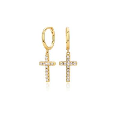 Imagem de Brincos de cruz de ouro para mulheres e homens, brincos pendentes pequenos com pingente de cruz de strass, Large, Latão, Sem pedra preciosa