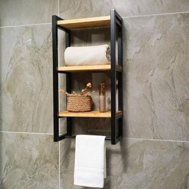 Imagem de prateleira de metal e MDF para banheiro, prateleira com pintura eletrostática, organizador de parede amadeirado (Preto e Freijó)