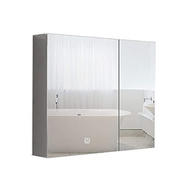 Imagem de Armário de banheiro montado na parede com espelho iluminado por LED espelho de banheiro organizador de armazenamento suspenso de alumínio, 70 x 13 x 80 cm