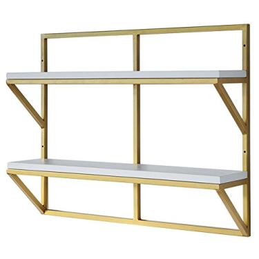 Imagem de Prateleira de parede de ferro forjado nórdico, 2 camadas de moldura de fase laminada de madeira branca (tamanho: 751860 cm)