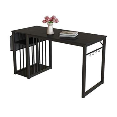 Imagem de Mesa de computador moderna industrial para escritório doméstico com prateleiras laterais de armazenamento e gancho de ferro, mesa de estudo, mesa de escrita, mesa de jogos, estação de trabalho para