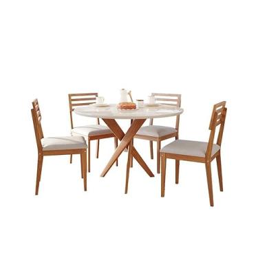 Imagem de Mesa Redonda Cacau Para Sala De Jantar Tampo de Vidro 4 Cadeiras Juparanã Madeira/Off White/Linho Cinza