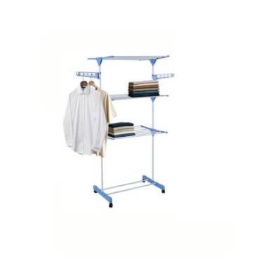 Imagem de Varal de Chão Grande Dobrável em Aço Inox, 3 Prateleiras Reguláveis, com Rodinhas, Suporte para Cabides e Sapatos, 170x72x63 cm, Capacidade 40 kg