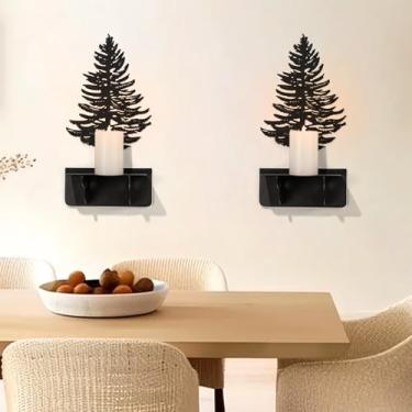 Imagem de Suporte de vela preto, castiçal de metal preto de pinheiro, castiçais de metal, castiçais, decoração de parede de árvore para sala de estar (preto 1, 6 x 32 cm, 1 peça)