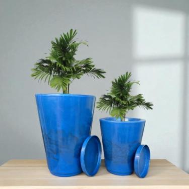 Imagem de Kit Jogo 2 Vasos Luxo Marmorizados N°1,2 Polietileno Planta Flor Jardim Varanda Moderno Elegante (Azul)