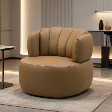 Imagem de Poltrona Giratória Orgânica Para Sala Living Oceane L06 Couro Marrom Claro - Lyam Decor