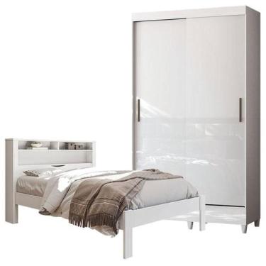 Imagem de Cama Casal Invicta com Guarda Roupa Fit 2 Portas Branco Brilho -Santos