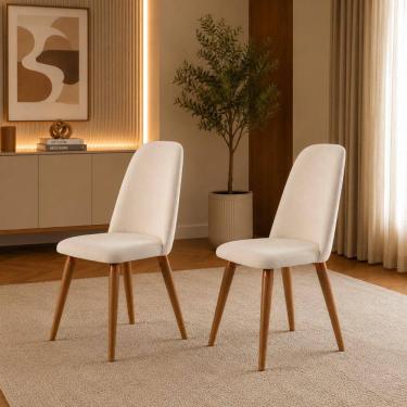 Imagem de Kit de 2 Cadeiras de Madeira Maciça Estofada New Drop - Natural c/ Linho Off White - Cobre