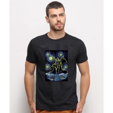 Imagem de Camiseta masculina Preta algodao Cthulhu A Nooite Estrelada Van Gogh