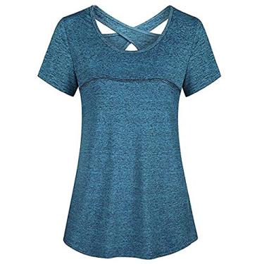 Imagem de Camiseta feminina manga curta para ioga, secagem rápida, corrida, treino, camiseta esportiva, top, ioga, roupas esportivas(S)(Azul escuro)