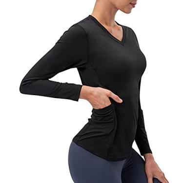 Imagem de Camisa esportiva feminina com bolso de secagem rápida elástico fino decote em V mangas compridas camiseta de ioga tops(X-Large)(Preto)