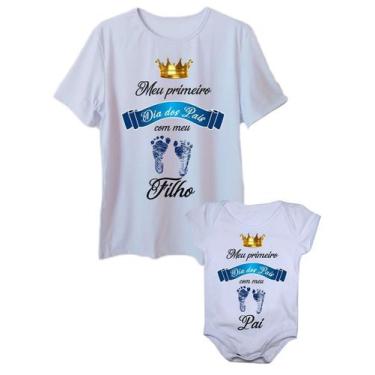 Imagem de Camiseta Adulta Primeiro Dia Dos Pais Com Body De Bebê Pezinho Azul -