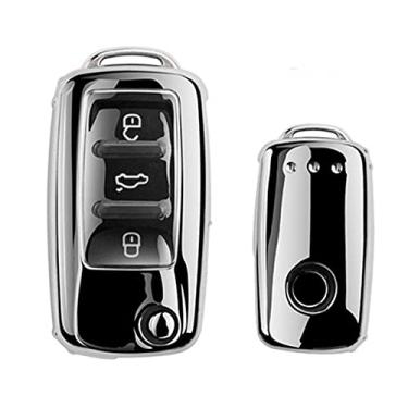 Imagem de YJADHU Capa de corrente de chave de carro TPU macio, apto para VW Volkswagen Polo Golf Passat Beetle Caddy T5 Up Eos Tiguan Skoda A5 SEAT Leon Altea, A, prata