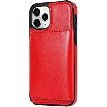 Imagem de KAPPDE Capa para iPhone 14/14 Plus/14 Pro/14 Pro Max, suporte de cartão de couro fino capa à prova de choque carteira traseira flip fecho magnético capa protetora para telefone (cor: vermelho, tamanho: 14pro)