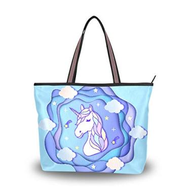 Imagem de Bolsa de ombro com alça superior, cabeça de unicórnio, nuvens e estrelas, bolsa de ombro para mulheres, Multicolorido., Medium