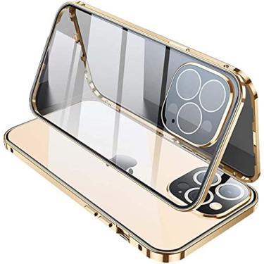 Imagem de NDJQY Capa para Apple iPhone 14 Pro Max 6,7 polegadas 2022, vidro temperado de dupla face magnética HD [estrutura de pára-choques de metal] capa de telefone (cor: ouro)