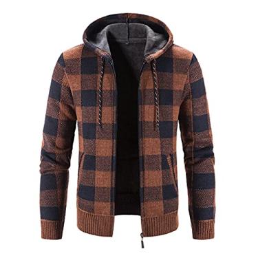 Imagem de Sweat Shirts Suéter masculino moda inverno jaqueta manga longa plus veludo grosso com capuz suéter cardigã jaqueta cardigã, Marrom, M