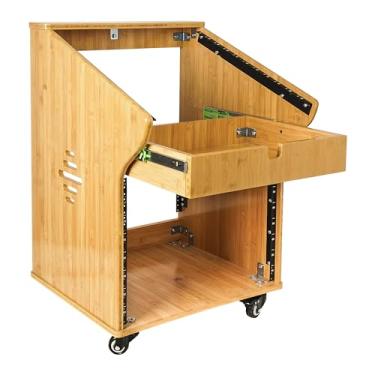 Imagem de Sound Town Rack de estúdio de bambu carbonizado sólido DIY com mixer inclinado 11U, 8U frontal, gaveta 2U, pés de borracha, rodízios, para sala de gravação, equipamento PA/DJ, áudio doméstico (STBR-M11X8)