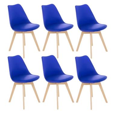 Imagem de 6 Cadeiras Estofada Leda Base Madeira Eames Cozinha Azul Bic