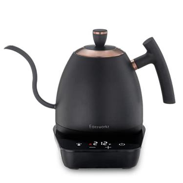 Imagem de Easyworkz pescoço de ganso elétrico despeje sobre chaleira de café, bule de chá de gotejamento manual de aço inoxidável, controle de temperatura de 27 onças, aquecimento rápido de 1200 W (Preto)
