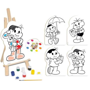 Imagem de Turma da Mônica Kit De Pintura Infantil Educativo Em Madeira Com Telas Cavalete Paleta Pincel Tintas - NIG BRINQUEDOS